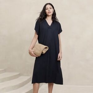 Banana Republic Linen Blend Kaftan Midi Dress Preppy Navy Blue XSmall